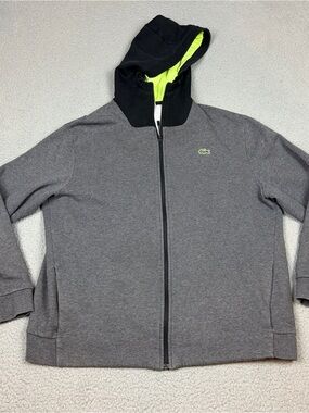 Lacoste Sport Hoodie Men’s XL Gray with Black Hood Full Zip Lined Sweatshirt